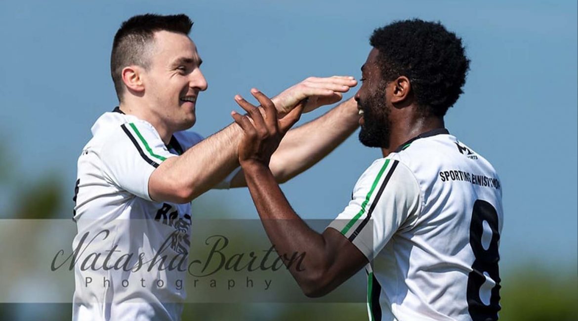 Sporting Ennistymon's Sean McConigley celebrates with a teammate following a goal. Photo credit - Natasha Barton Photography
